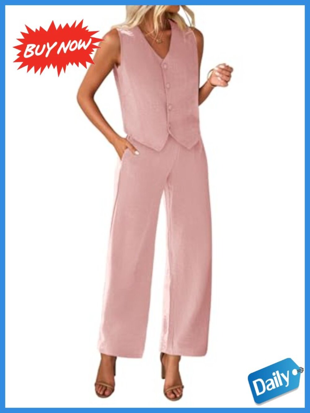 2 Piece Wide Leg Pantsuit Set Sleeveless V-Neck Button Crop Vest Business Casual